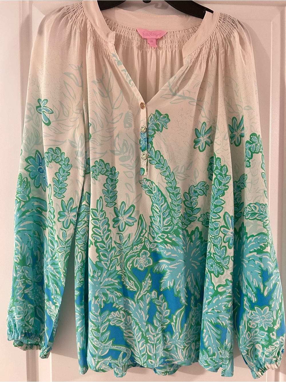 Lilly Pulitzer Cream, Turquoise & Green Floral Peasant Top